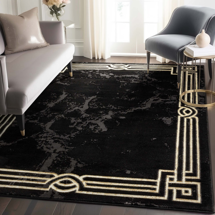 Black and Gold Abstract Rectangular Synthetic Area Rug 5'3" x 7'3"
