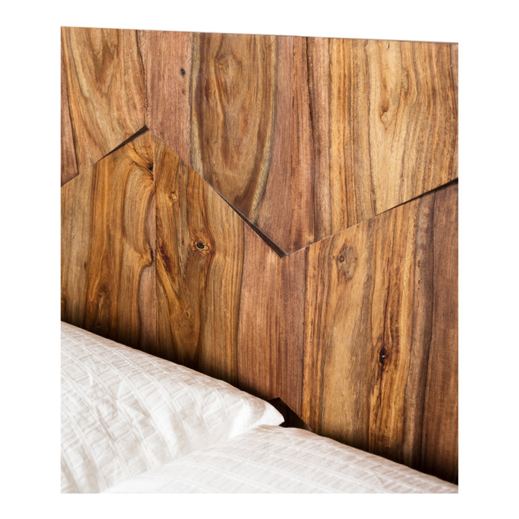 Queen Sheesham Wood Platform Bed with Geometric Headboard