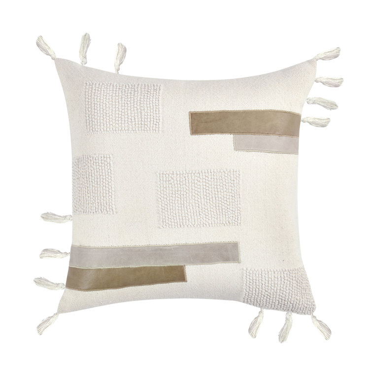 Ivory Embroidered Cotton Linen Throw Pillow with Tassels