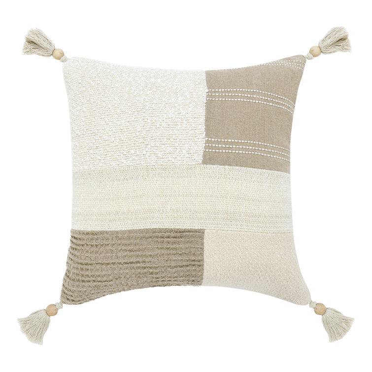 Ivory and Beige Rectangular Cotton Blend Throw Pillow with Tassels