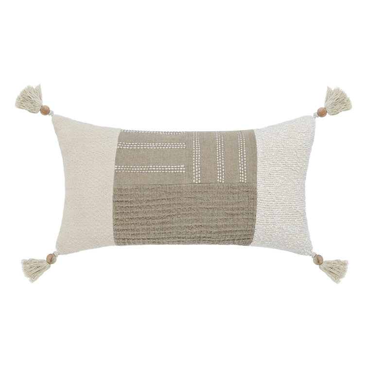 Ivory and Beige Rectangular Cotton Blend Throw Pillow with Tassels