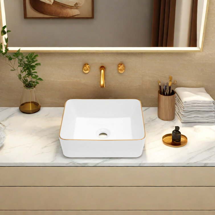 16 x 12 Inch White Ceramic Rectangular Vessel Sink with Gold Rim