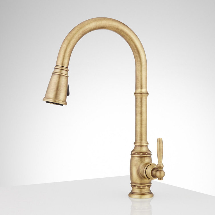 Aged Brass Pull-Down Kitchen Faucet with Lever Handle