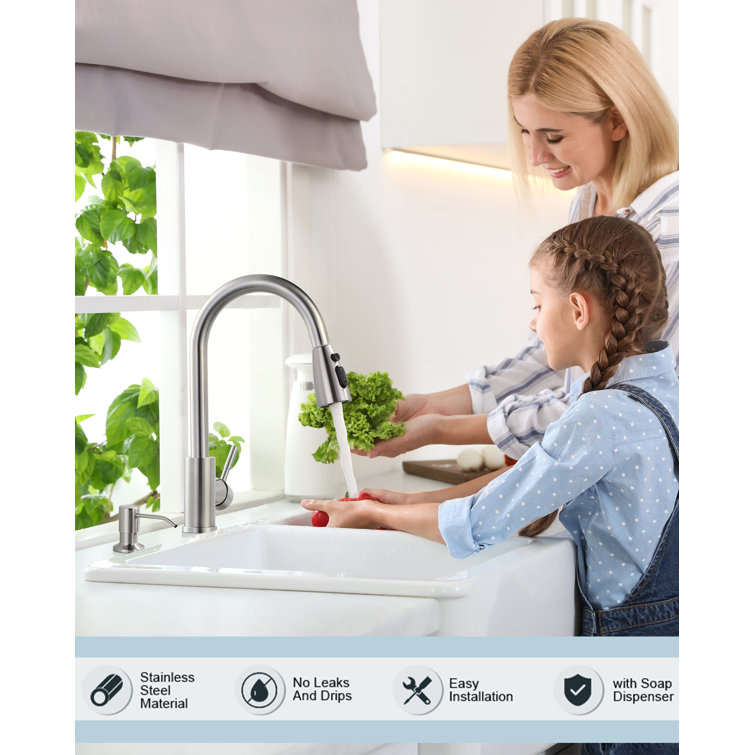 Brushed Nickel Pull-Down Kitchen Faucet with Soap Dispenser