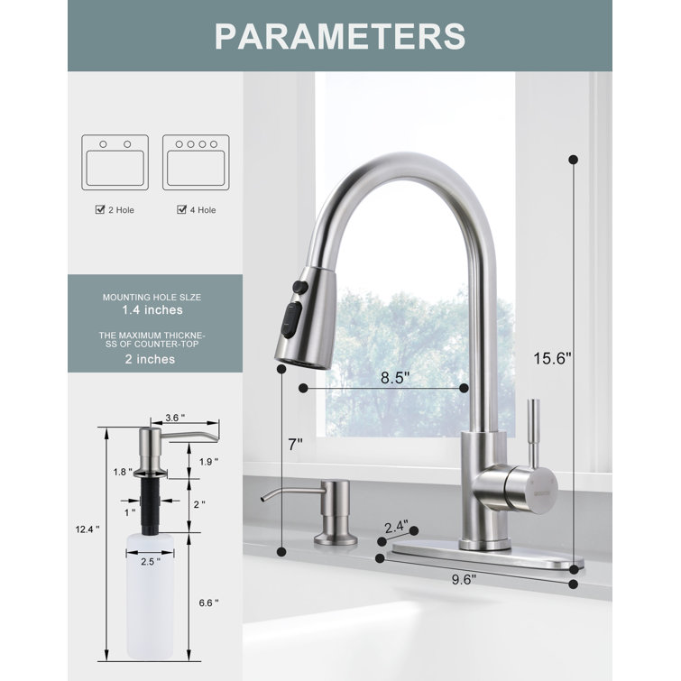 Brushed Nickel Pull-Down Kitchen Faucet with Soap Dispenser