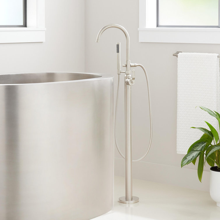 Brushed Nickel Floor Mounted Bathtub Faucet with Handshower