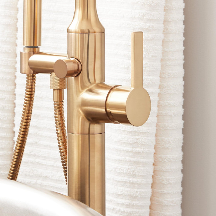 Brushed Gold Floor Mounted Bathtub Faucet with Handshower