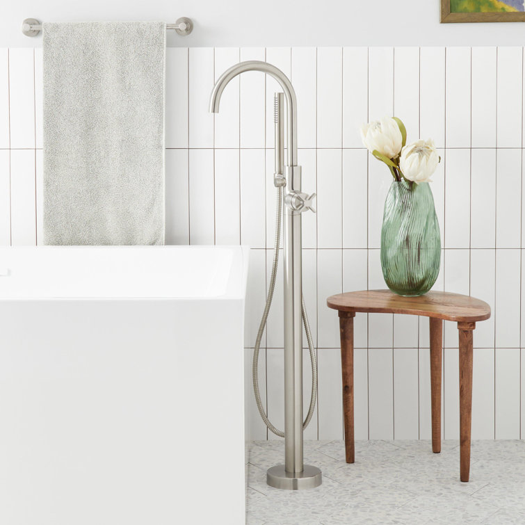 Brushed Nickel Floor Mounted Tub Filler Faucet with Hand Shower