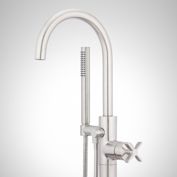 Brushed Nickel Floor Mounted Tub Filler Faucet with Hand Shower