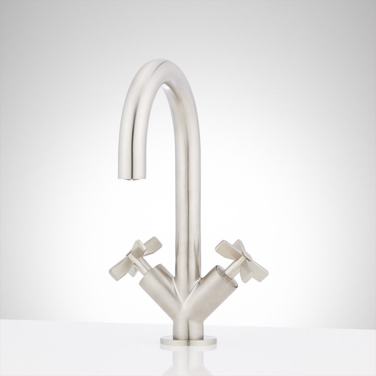 Brushed Nickel Gooseneck High Arc Bathroom Faucet with Cross Handles