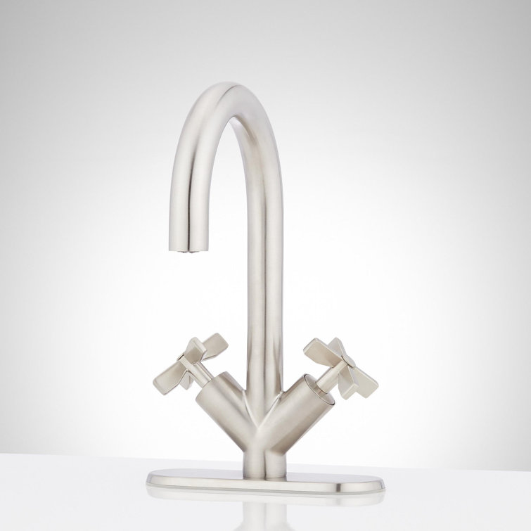 Brushed Nickel Gooseneck High Arc Bathroom Faucet with Cross Handles