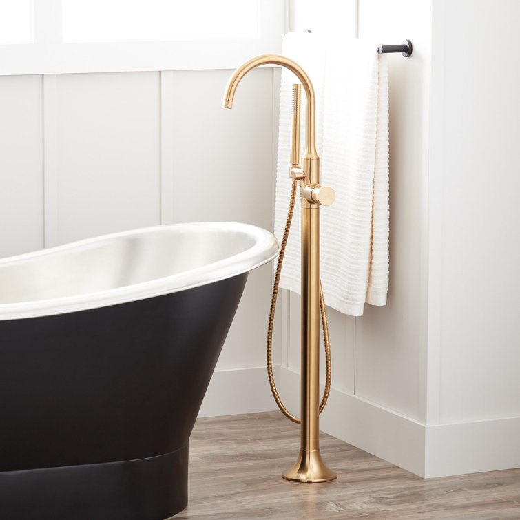 Brushed Gold Floor Mounted Bathtub Faucet with Handshower