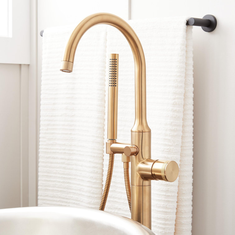 Brushed Gold Floor Mounted Bathtub Faucet with Handshower
