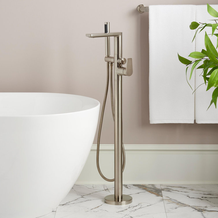 Brushed Nickel Floor Mounted Tub Filler Faucet with Hand Shower