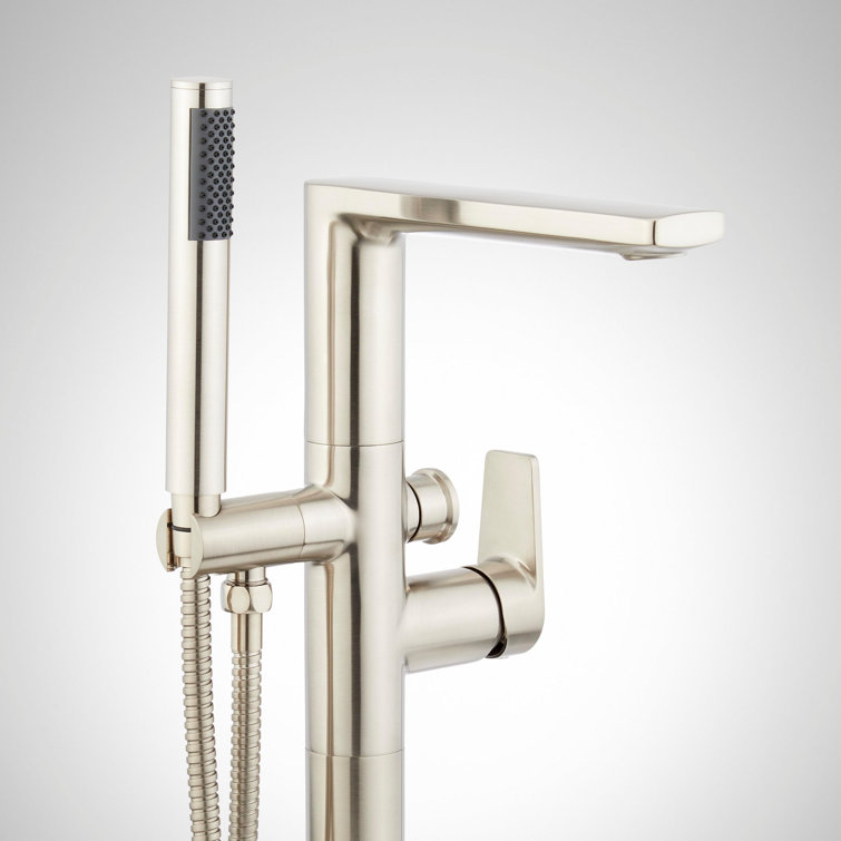 Brushed Nickel Floor Mounted Tub Filler Faucet with Hand Shower