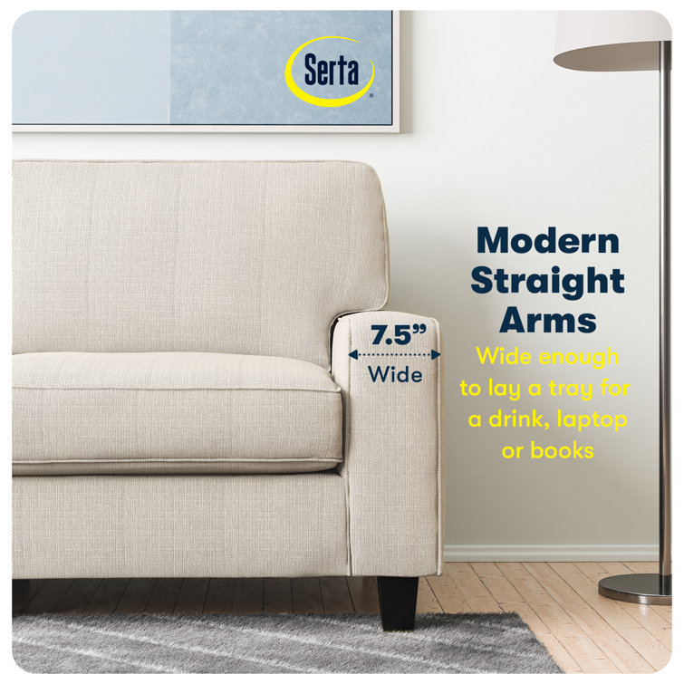 Beige Leather Track Arm Loveseat with Pillow Back