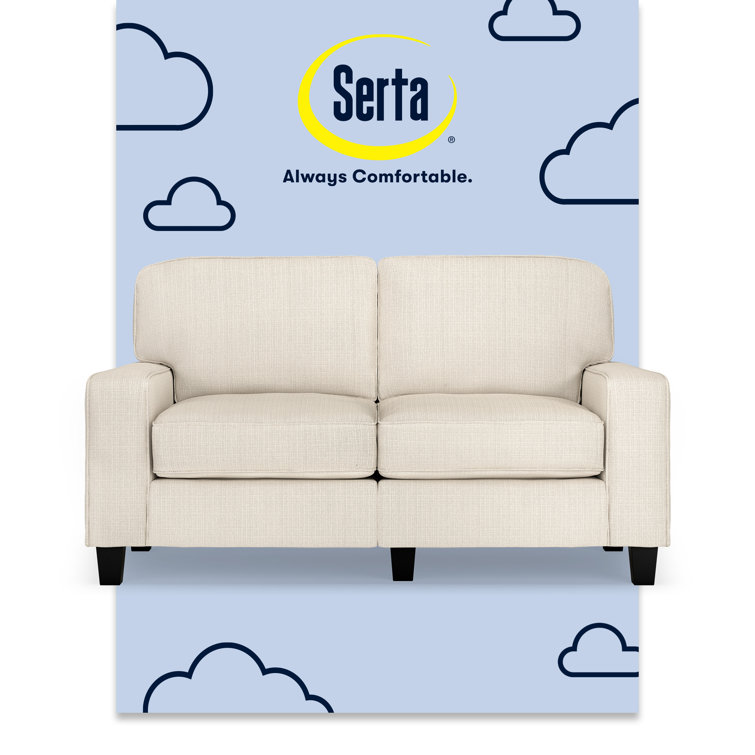 Beige Leather Track Arm Loveseat with Pillow Back
