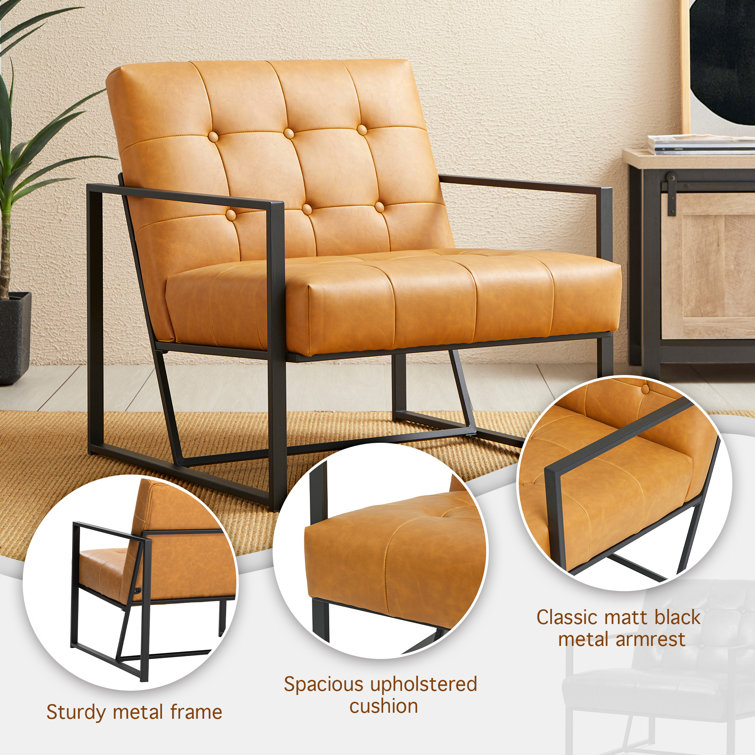 Camel Faux Leather Barrel Accent Chairs with Black Metal Frame