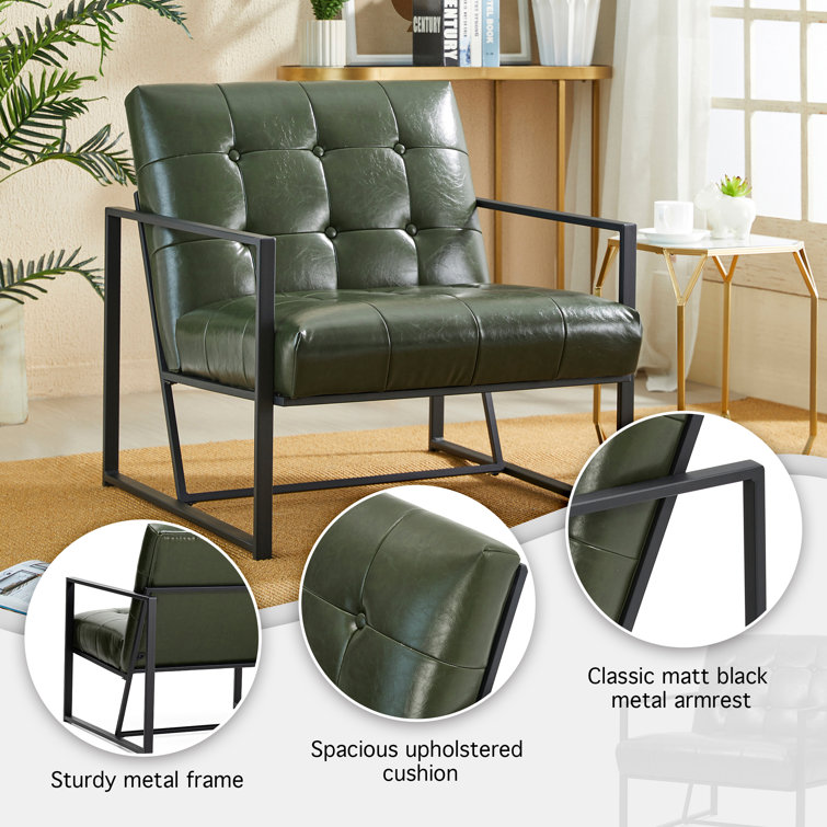 Hunter Green Faux Leather Button-Tufted Accent Chair with Metal Frame