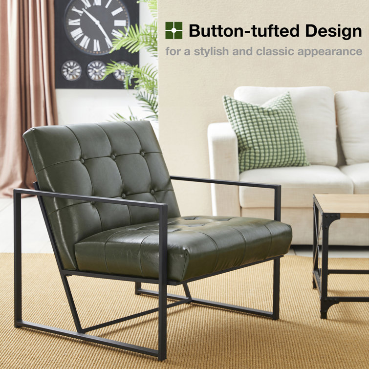 Hunter Green Faux Leather Button-Tufted Accent Chair with Metal Frame