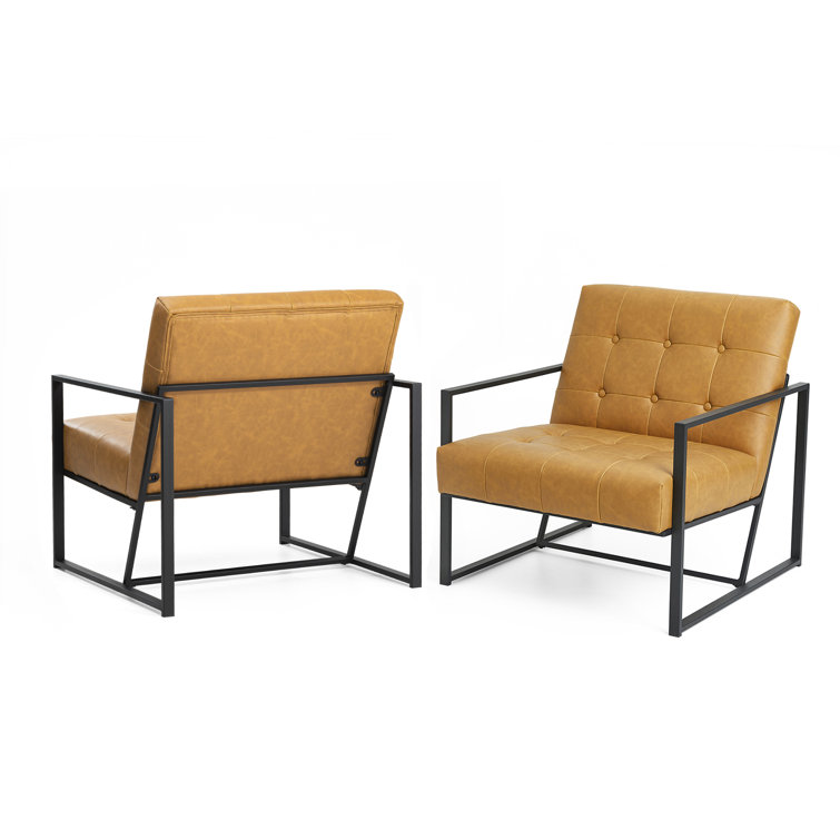 Camel Faux Leather Barrel Accent Chairs with Black Metal Frame