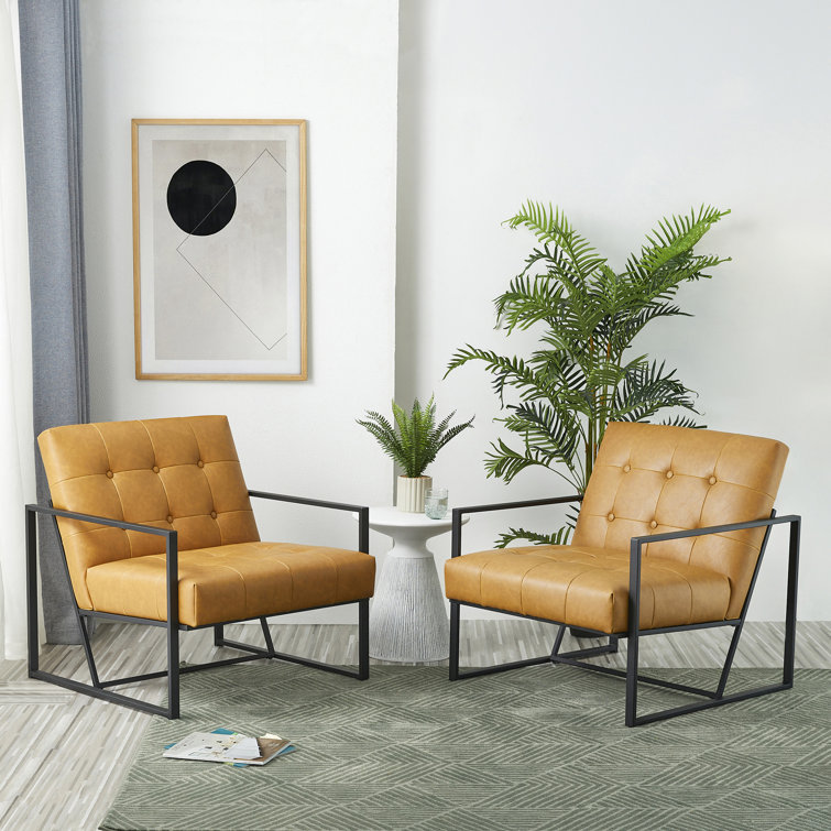 Camel Faux Leather Barrel Accent Chairs with Black Metal Frame