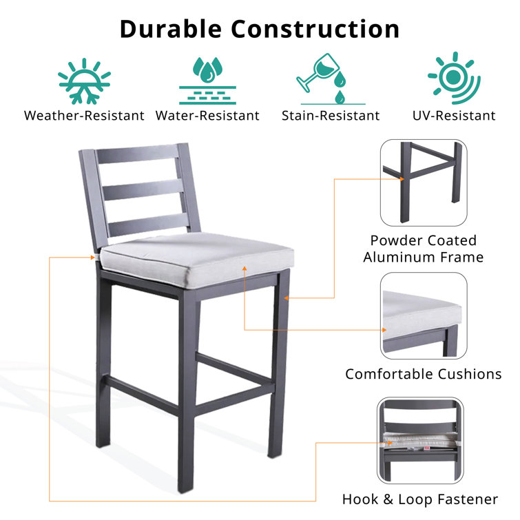 Powder Coated Pewter Aluminum Outdoor Bar Stool with Silver Cushion
