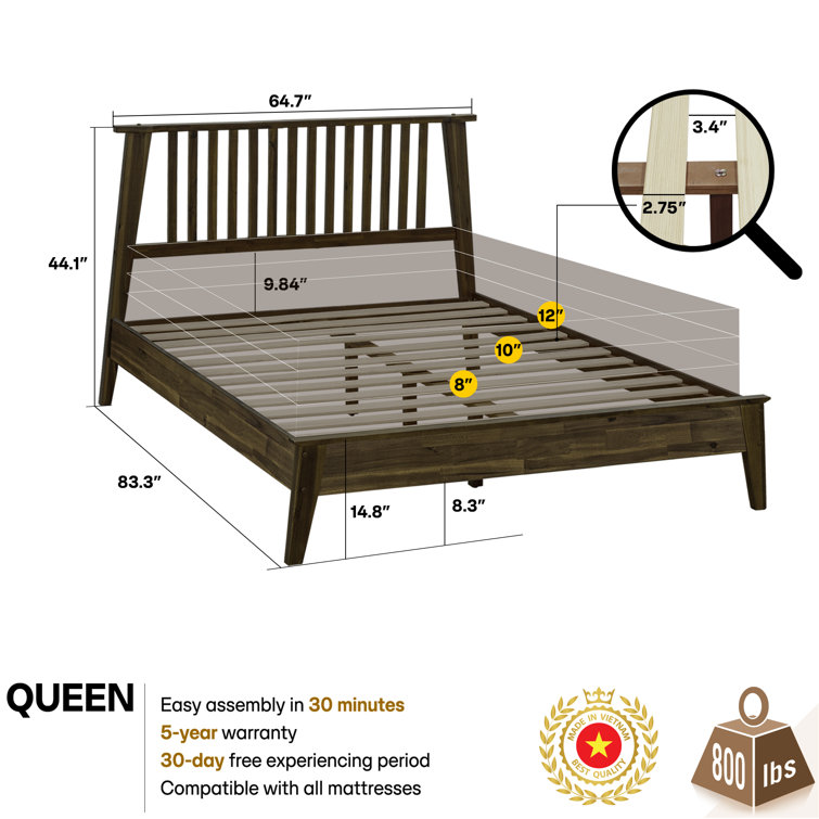 Mocha Queen Solid Wood Bed Frame with Slatted Headboard