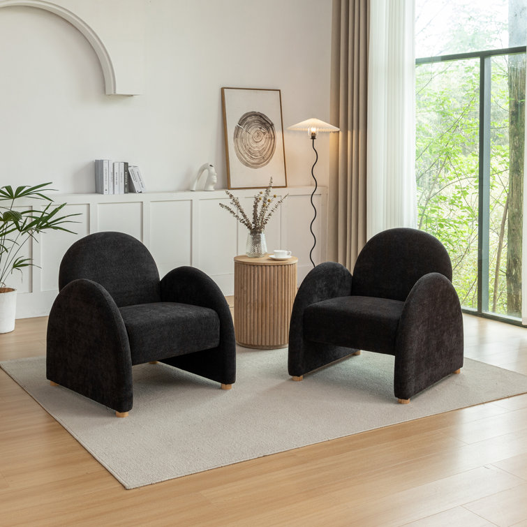 Black Boucle Fabric Armchair Set with Wood Legs