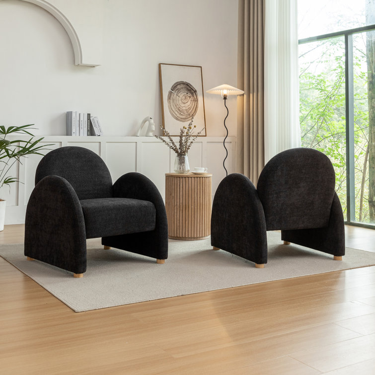 Black Boucle Fabric Armchair Set with Wood Legs