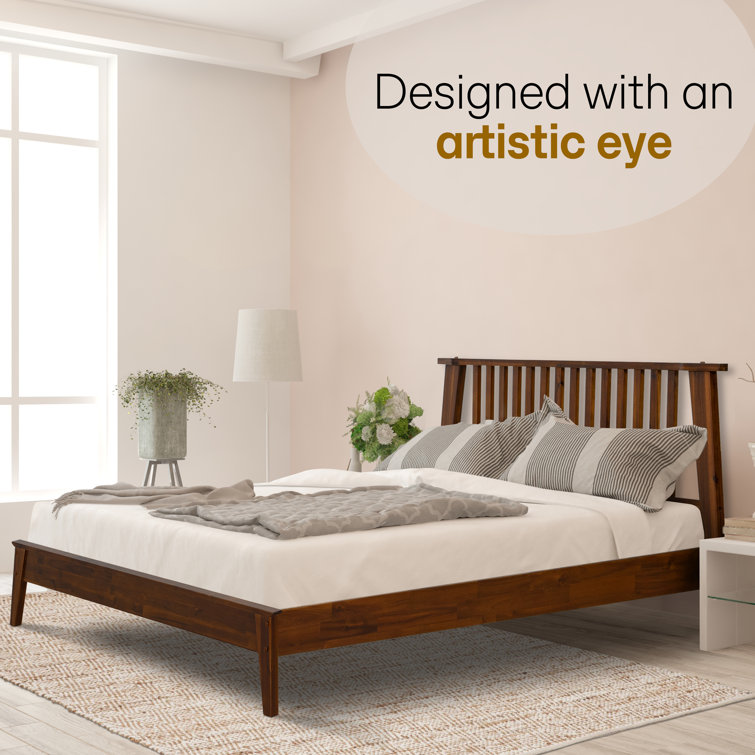 Queen Chocolate Acacia Wood Platform Bed Frame with Slatted Headboard