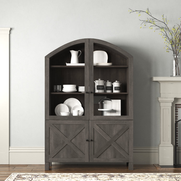 Gray Mango Wood Farmhouse Dining Cabinet with Glass Doors