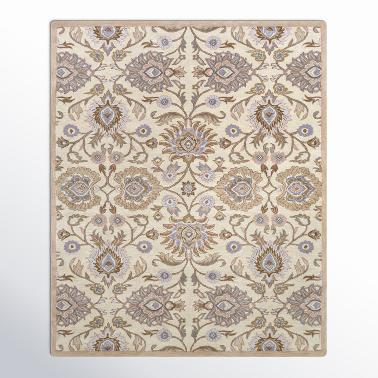 Handmade Blue and Beige Floral Wool Rectangular Rug 10' x 14'