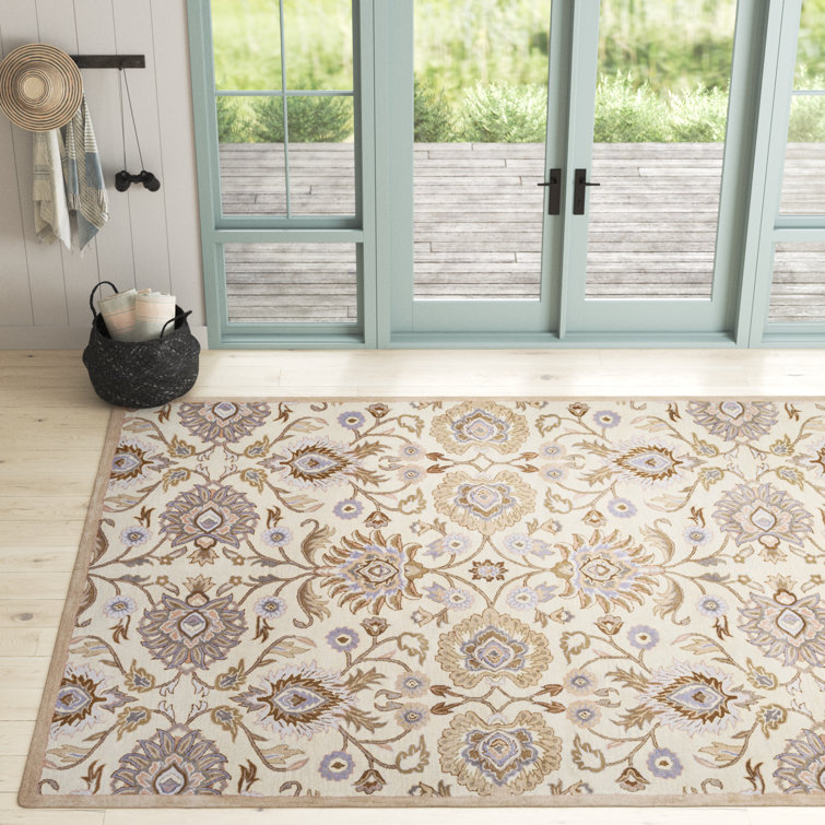Handmade Blue and Beige Floral Wool Rectangular Rug 10' x 14'