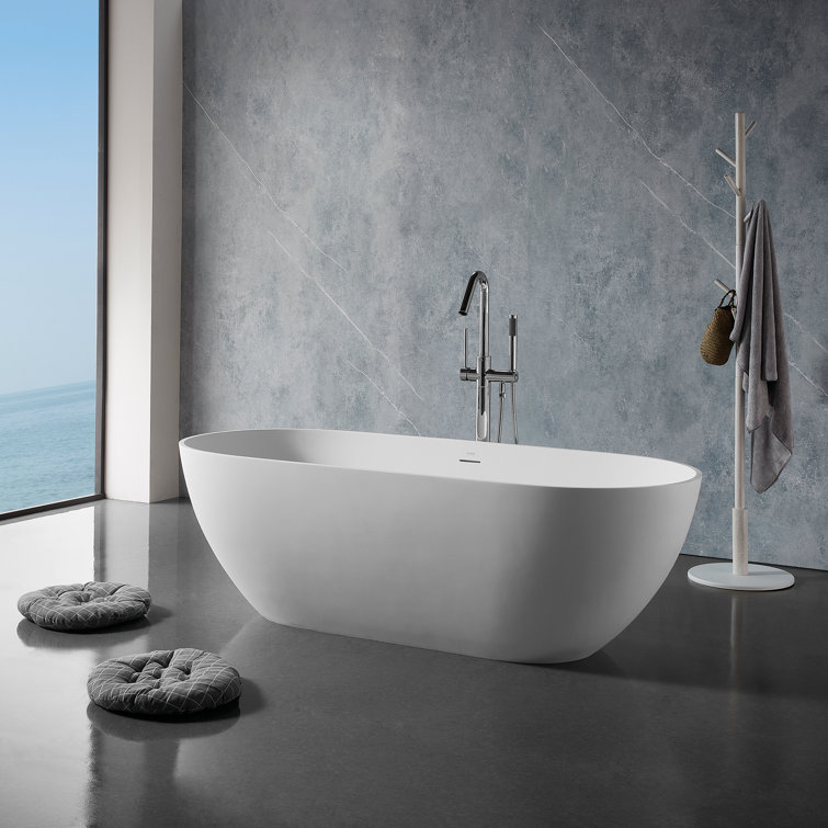 59" White Acrylic Freestanding Soaking Bathtub with Drain