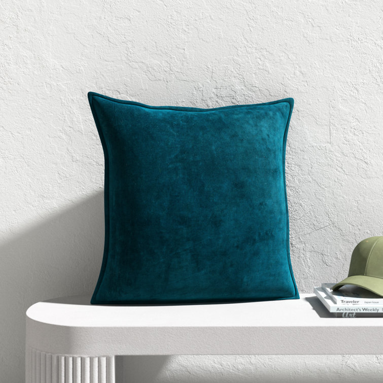 Teal Velvet-Like Cotton Square Throw Pillow with Flanged Edges