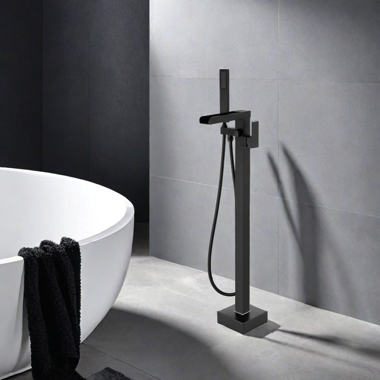 Matte Black Brass Waterfall Freestanding Tub Faucet with Hand Shower