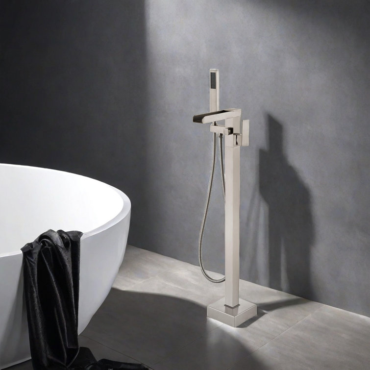 Brushed Nickel Freestanding Waterfall Tub Filler Faucet with Hand Shower