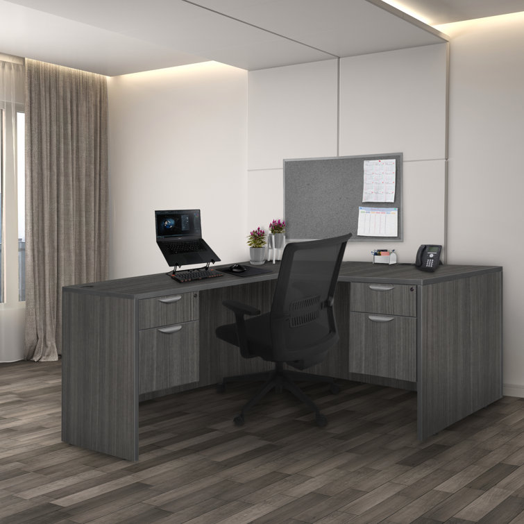 Ash Grey Wood Executive Corner Desk with Drawer and Filing Cabinet