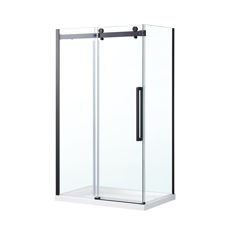 Matte Black Frameless Glass Corner Shower Kit with Soft-Close Door