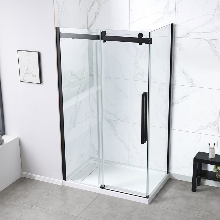 Matte Black Frameless Glass Corner Shower Kit with Soft-Close Door