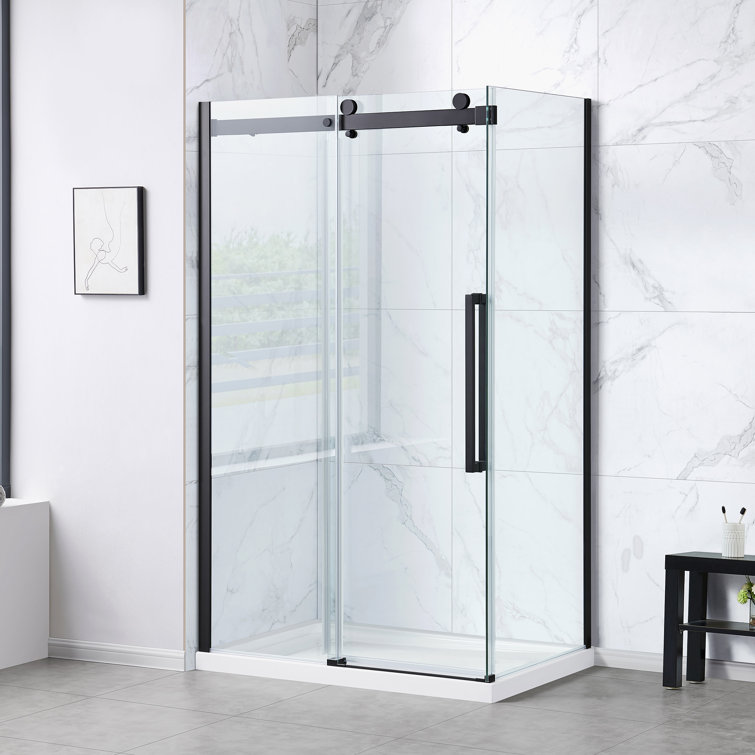 Matte Black Frameless Glass Corner Shower Kit with Soft-Close Door