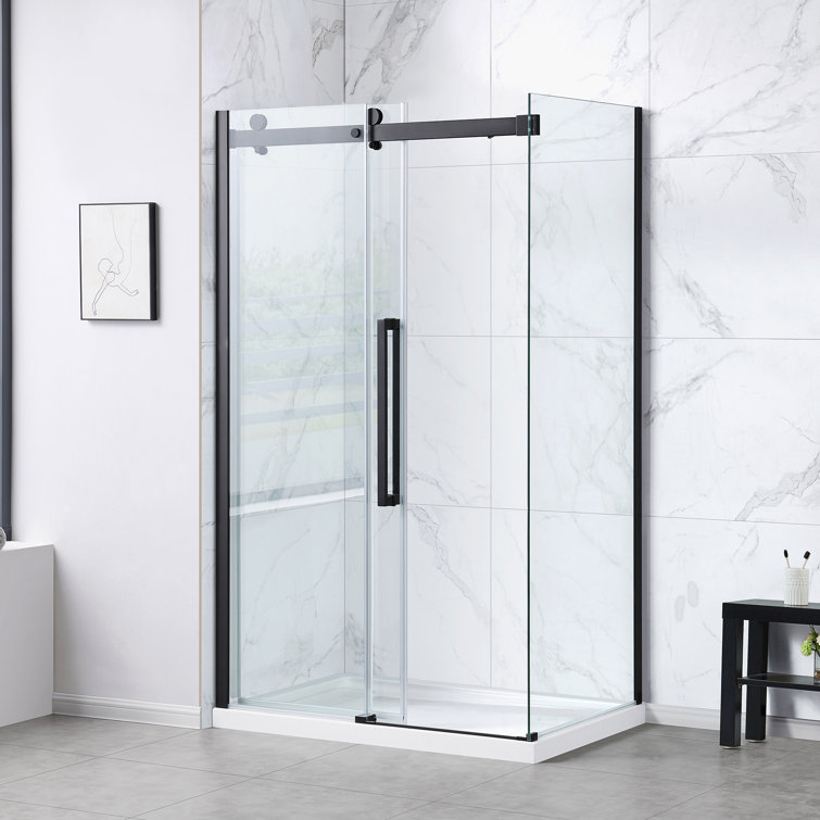 Matte Black Frameless Glass Corner Shower Kit with Soft-Close Door