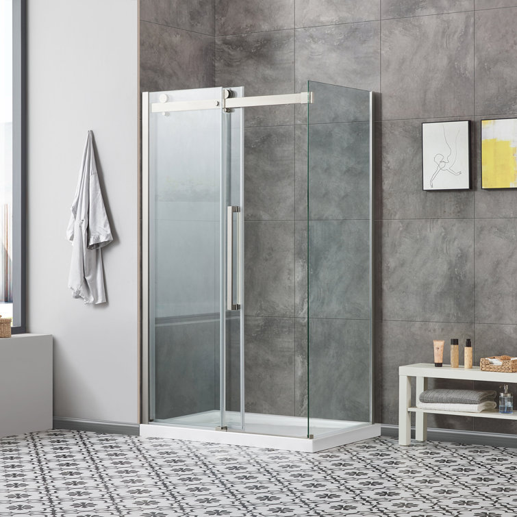 Satin Nickel 48" Frameless Sliding Soft Close Shower Kit with Clear Tempered Glass