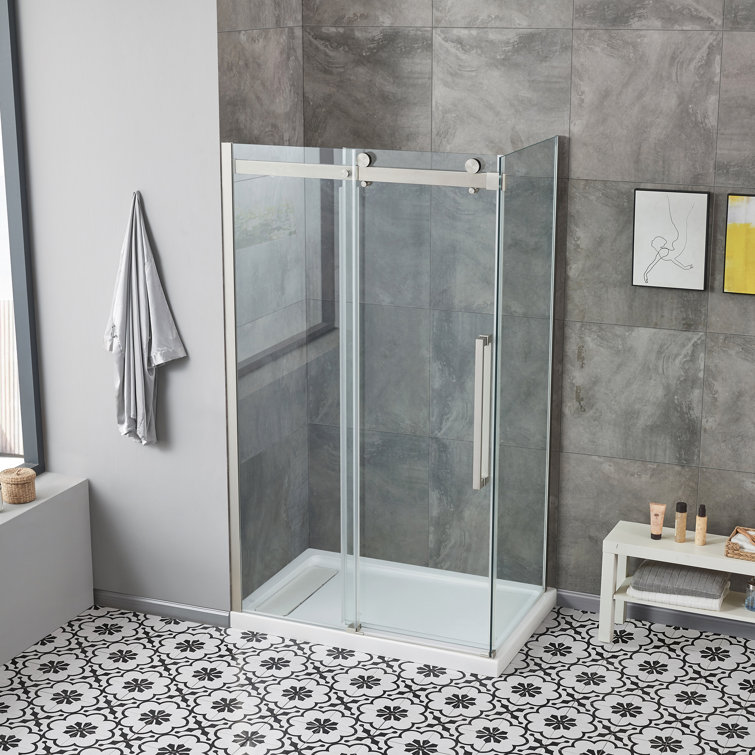 Satin Nickel 48" Frameless Sliding Soft Close Shower Kit with Clear Tempered Glass