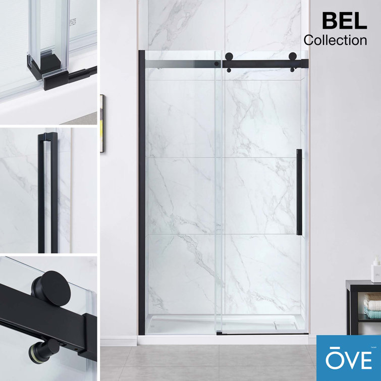 Bel Matte Black Frameless Sliding Shower Door with Clear Glass