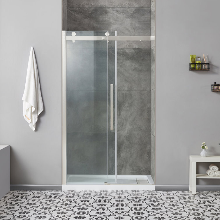 Satin Nickel Frameless Sliding Soft Close Shower Door with Clear Glass