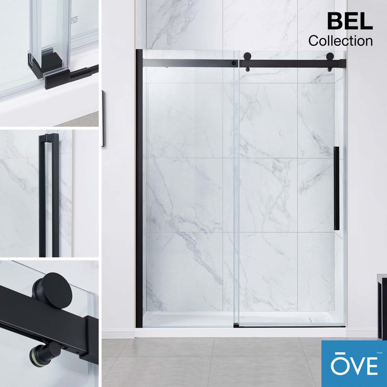 Bel Matte Black Frameless Sliding Shower Door with Clear Glass Panels
