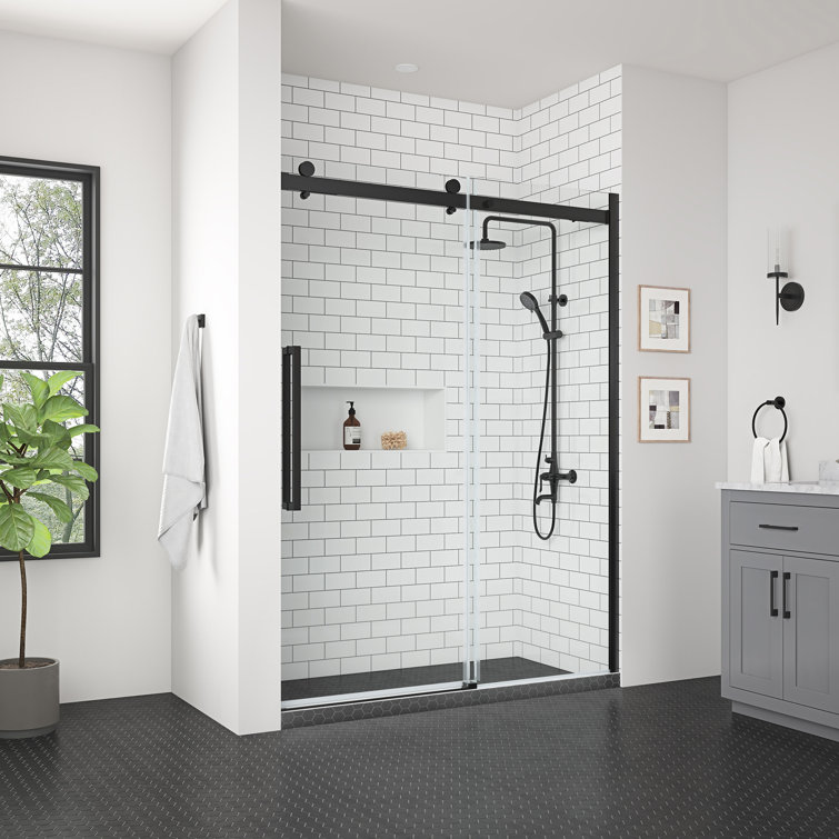 Bel Matte Black Frameless Sliding Shower Door with Clear Glass Panels