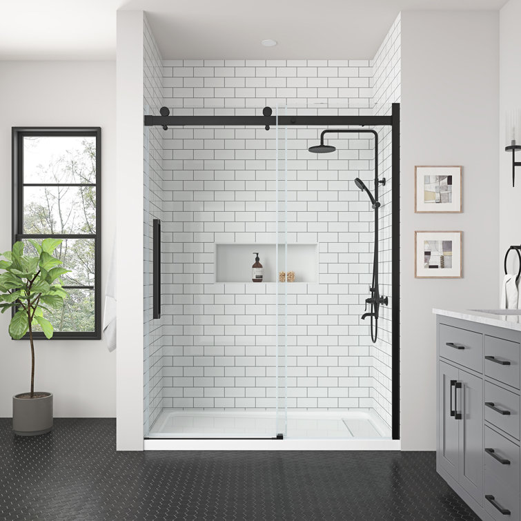 Bel Matte Black Frameless Sliding Shower Door with Clear Glass Panels